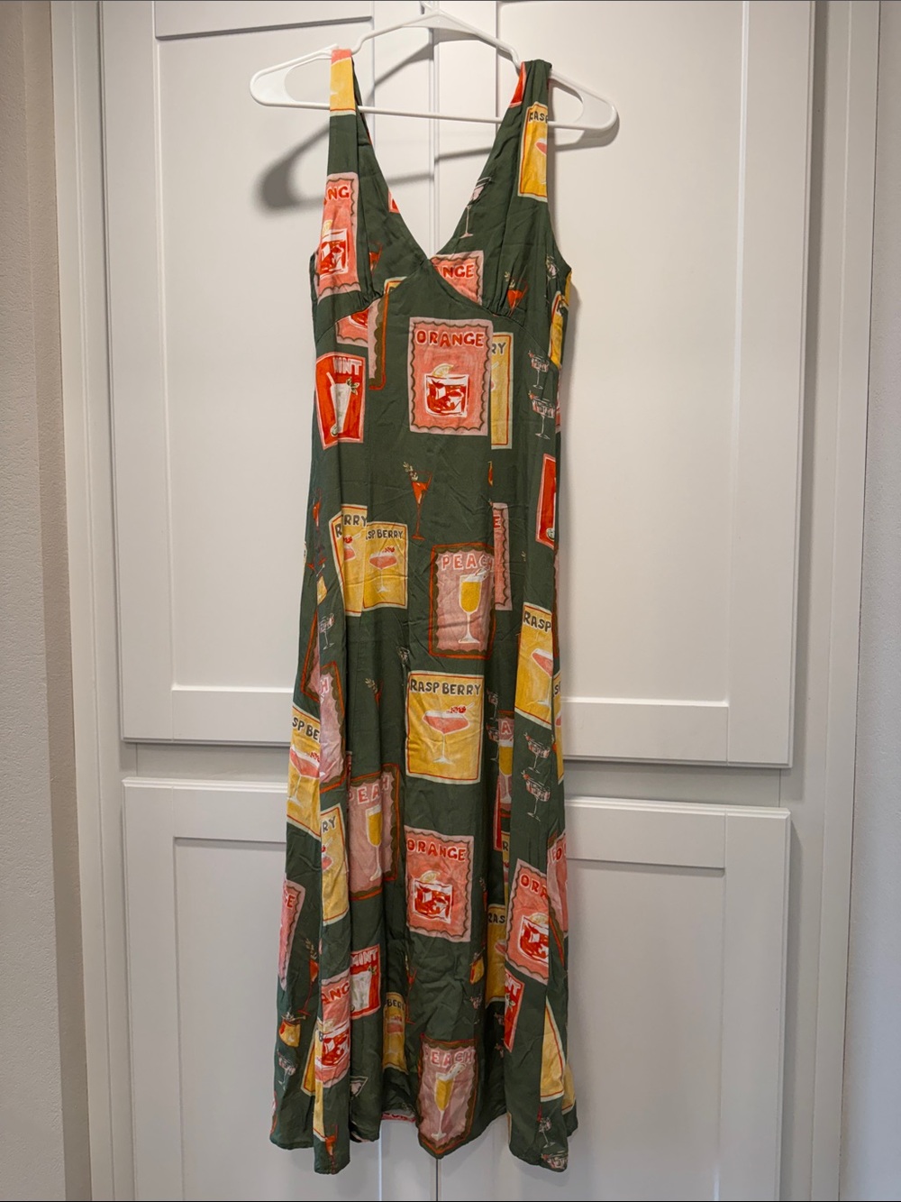 Sleeveless Olive Green Maxi Dress with Fruit Label Print